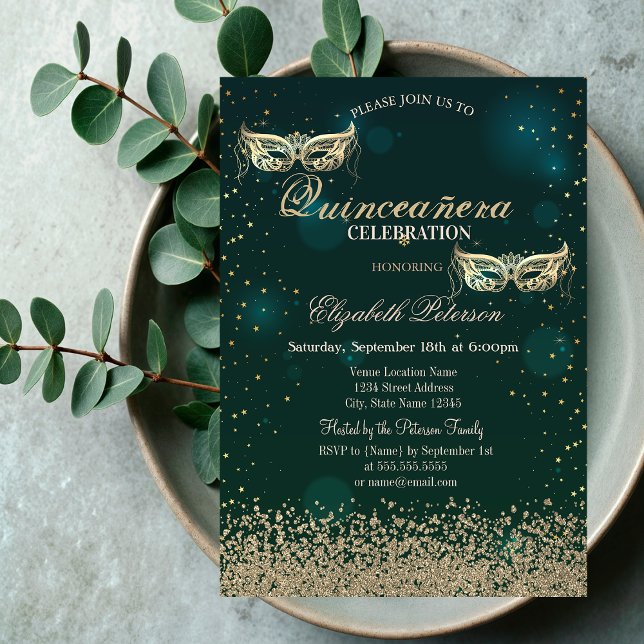 Invitation Masque Vert Quinceañera Diamants Or Moderne (Créateur téléchargé)