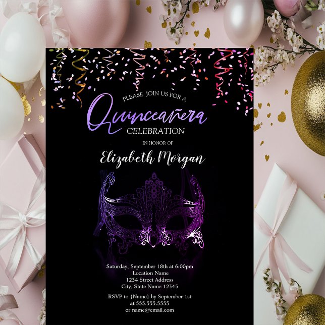 Invitation Masque violet, Confettis Mascarade Quinceañera  (Créateur téléchargé)