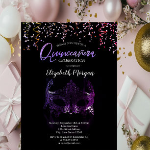 Invitation Masque Violet, Confettis Quinceañera Mascarade 