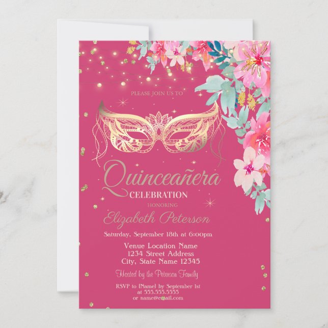 Invitation Masquer, Diamants Fleurs de Printemps Quinceañera (Devant)