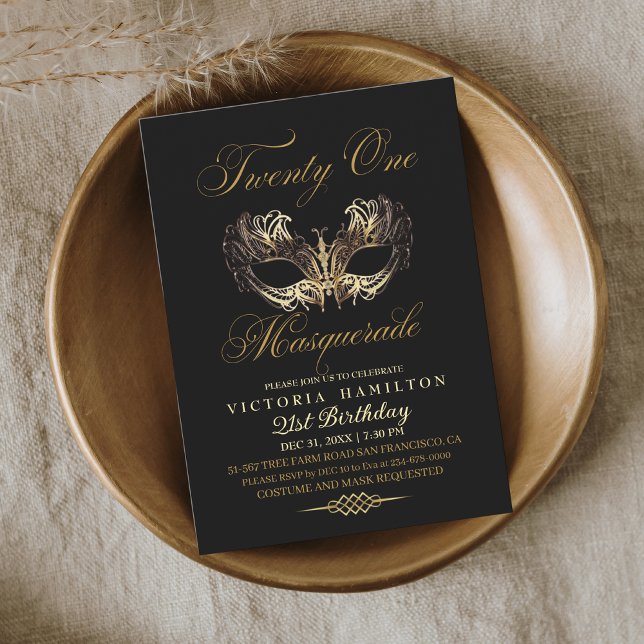 Invitation Masquerade 21e anniversaire Black Gold Mask (Créateur téléchargé)