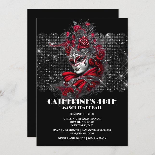 Invitation Masquerade anniversaire de bal Venetian masque ros (Devant / Derrière)