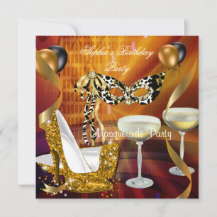 Invitation Masquerade Anniversaire Gold Stiletto Champagne Pa