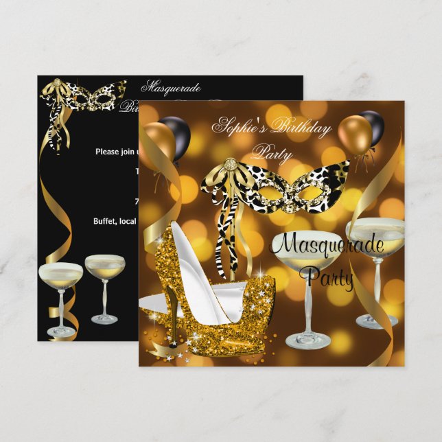 Invitation Masquerade Anniversaire Or Stiletto Champagne 2 (Devant / Derrière)
