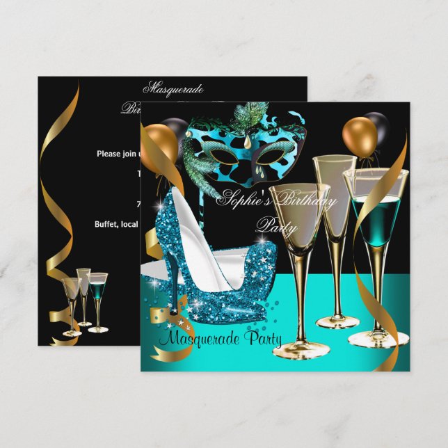 Invitation Masquerade Anniversaire Sarcelle Or Vin Stiletto 2 (Devant / Derrière)