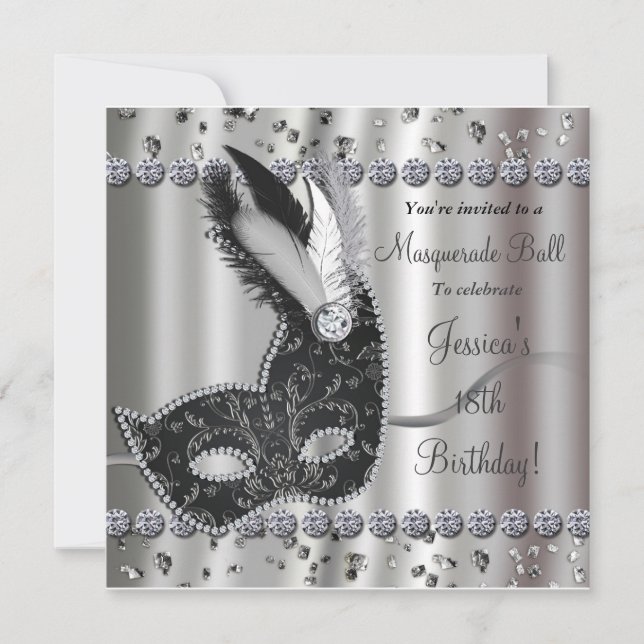Invitation Masquerade Ball Argent Black Party (Devant)