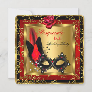 Invitation Masquerade Ball Gold Red Black Mask Rose