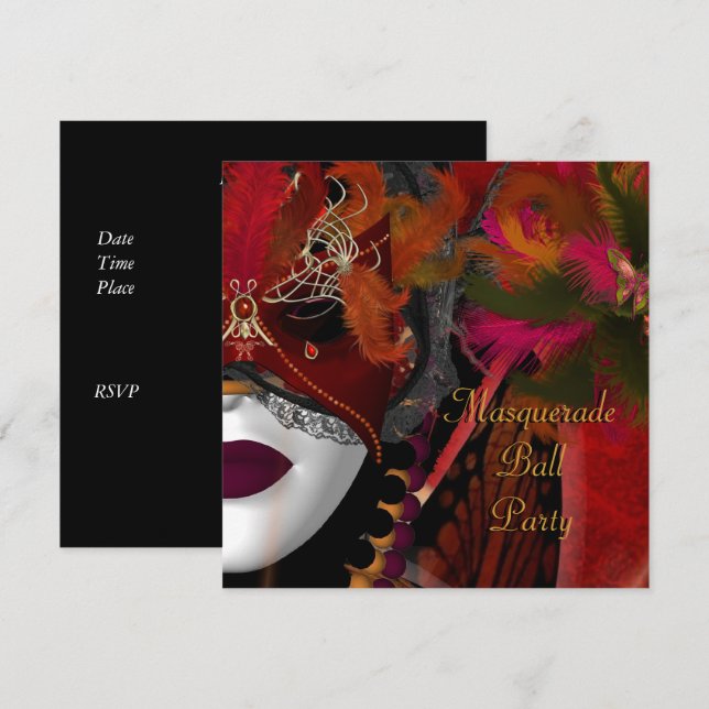 Invitation Masquerade Ball Party Masque Rouge noir (Devant / Derrière)