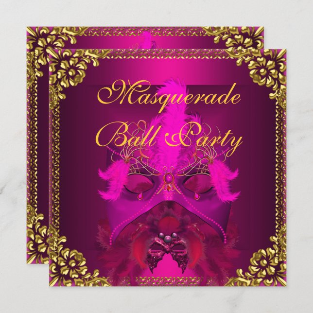 Invitation Masquerade Ball Party Masques Or Proep Rose (Devant / Derrière)