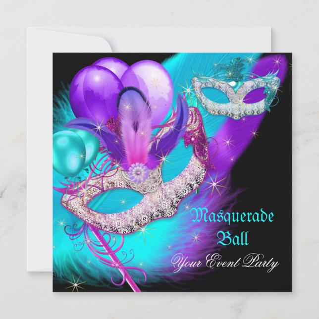Invitation Masquerade Ball Party Masques Purple Turquoise ble (Devant)