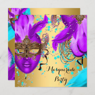 Invitation Masquerade Ball Party Purple Turquoise Blue Masque