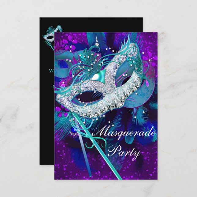 Invitation Masquerade Ball Party Turquoise bleu pourpre Masqu (Devant / Derrière)