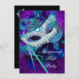 Invitation Masquerade Ball Party Turquoise Bleu Purple Masque