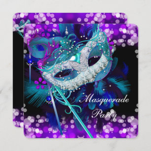Invitation Masquerade Ball Party Turquoise bleu violet Masque