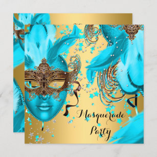 Invitation Masquerade Ball Party Turquoise Blue Masques Or 3