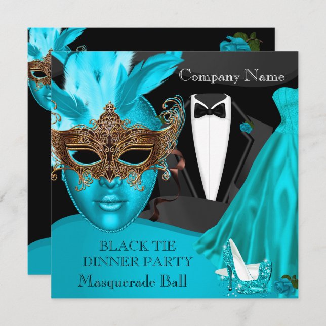 Invitation Masquerade Ball Turquoise Black Cravate Entreprise (Devant / Derrière)