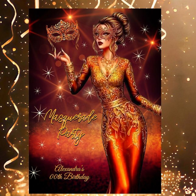 Invitation Masquerade Birthday Gold Copper Stunning Dress (Créateur téléchargé)