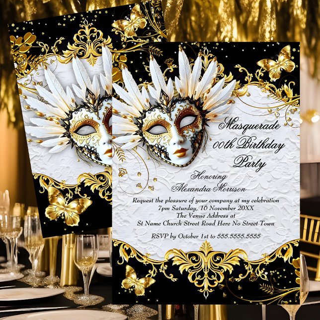 Invitation Masquerade birthday Party Gold Black White Mask (Créateur téléchargé)