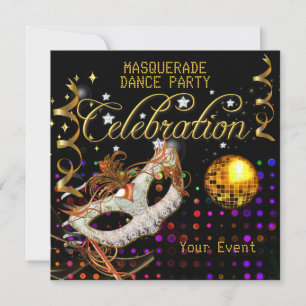 Invitation MASQUERADE Black Gold Dance Party Disco Ball