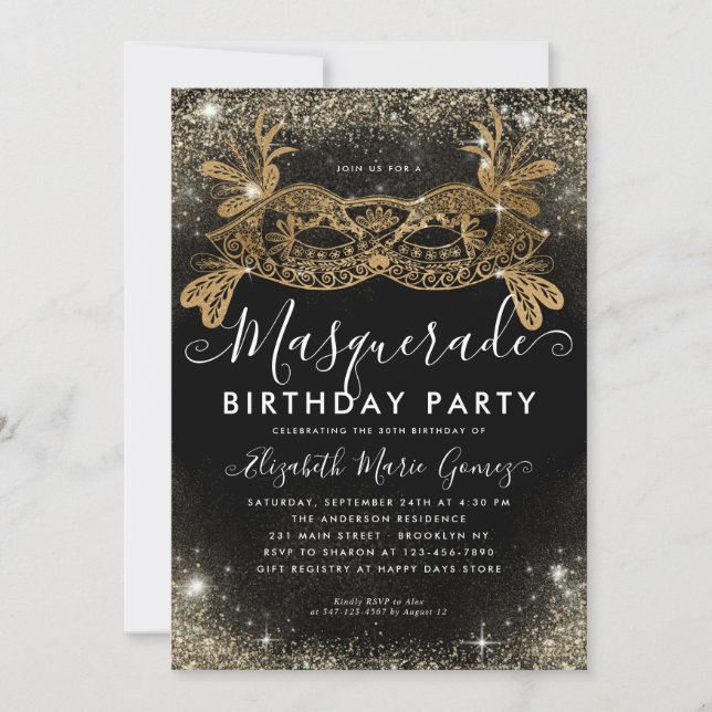Invitation Masquerade Black Gold Parties scintillant Dust Ann (Devant)