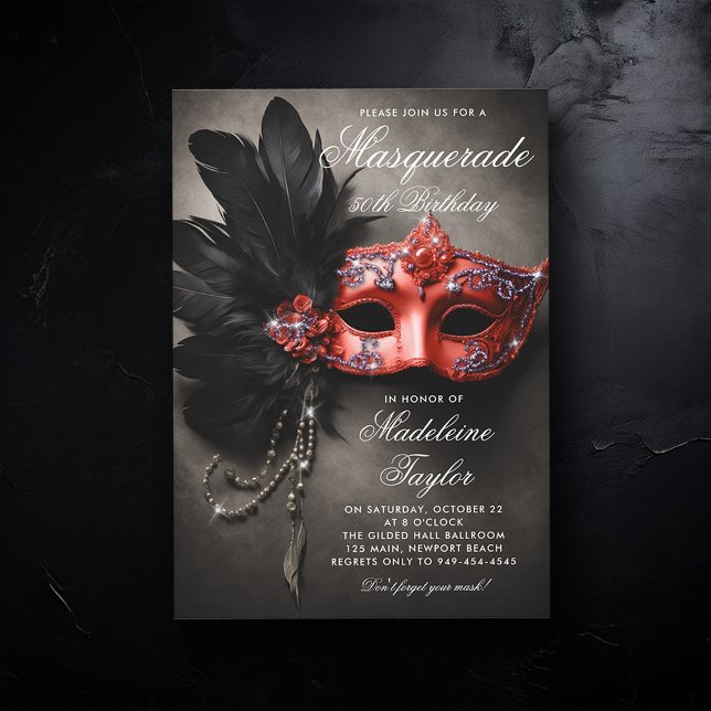 Invitation Masquerade Black Silver Red Moody 50e anniversaire (50th birthday invitation for women masquerade theme christmas red silver black elegant painting)