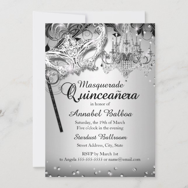 Invitation Masquerade Chandelier Argent Quinceaner (Devant)