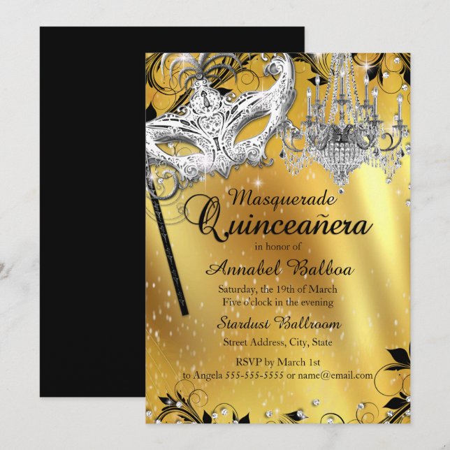 Invitation Masquerade Chandelle Or Quinceanera (Devant / Derrière)