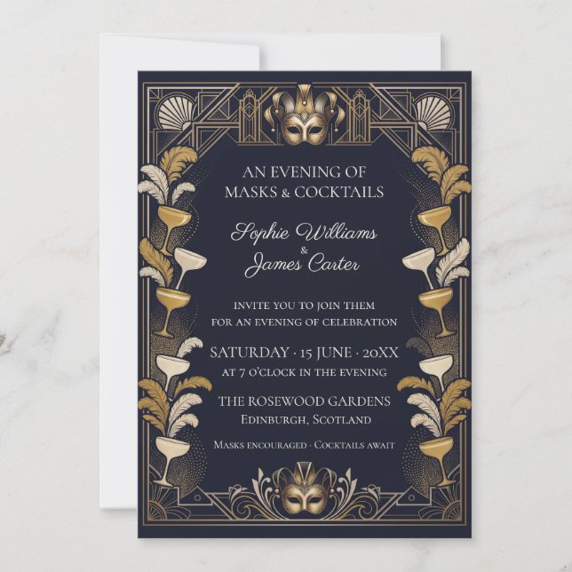 Invitation Masquerade Cocktail Navy Or (Devant)