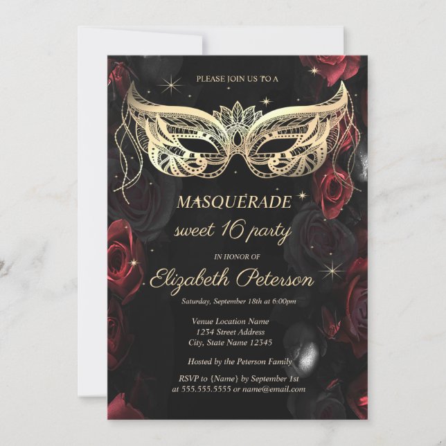 Invitation Masquerade Dark Red Roses Gothic Sweet 16 (Devant)