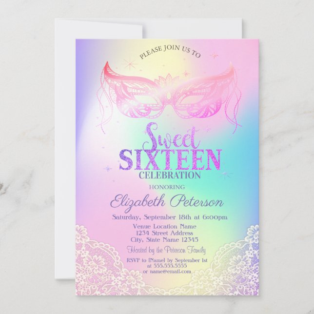 Invitation Masquerade, Dentelle Holographique Sweet 16 (Devant)