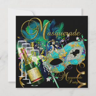 Invitation Masquerade des masques Black Gold Turquoise