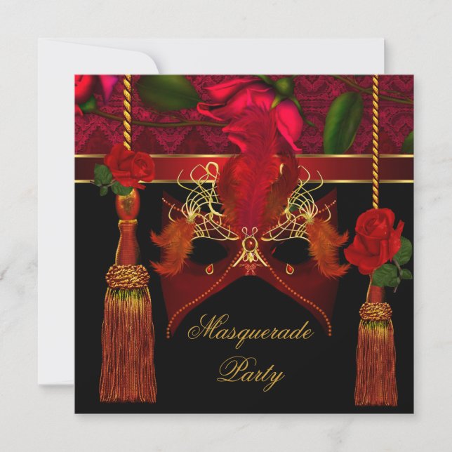Invitation Masquerade élégante Black Red Rose Gold Party (Devant)