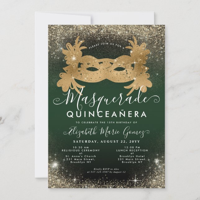 Invitation Masquerade Emerald Green Gold Parties scintillant  (Devant)