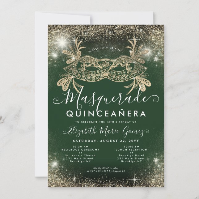 Invitation Masquerade Emerald Green Gold Parties scintillant  (Devant)