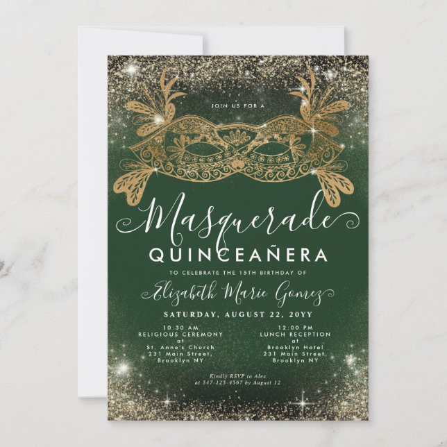 Invitation Masquerade Emerald Green Gold Parties scintillant  (Devant)