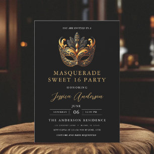 Invitation Masquerade en or noir pour un anniversaire Sweet 1