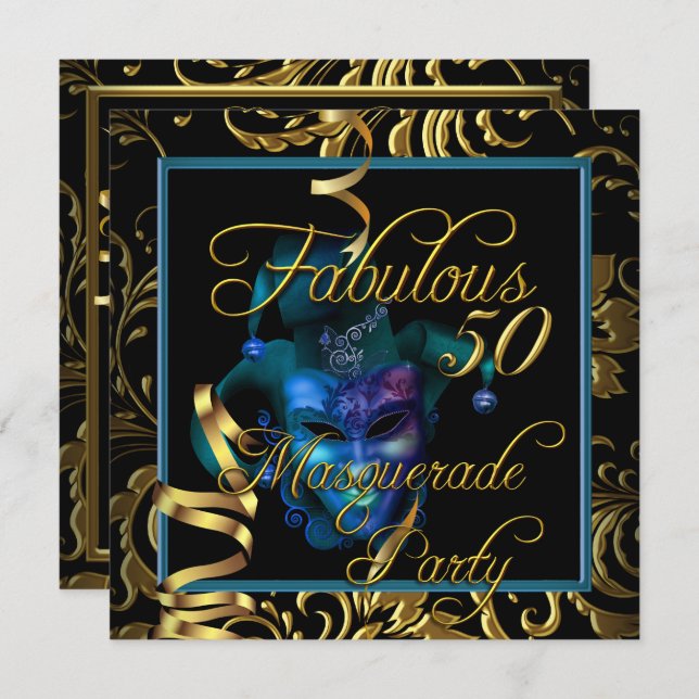 Invitation Masquerade Fabuleux 50 Gold Blue fête d'anniversai