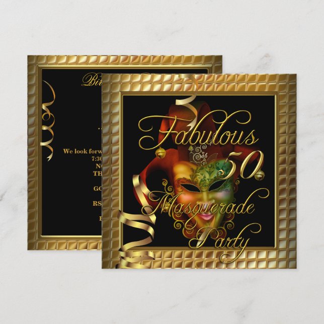 Invitation Masquerade Fabuloso 50 Cumpleaños Fiesta Dorado Ne (Devant / Derrière)