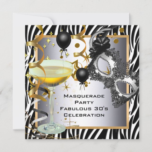Invitation Masquerade Fabulous 30ème Zèbre Argent Noir Or (Devant)