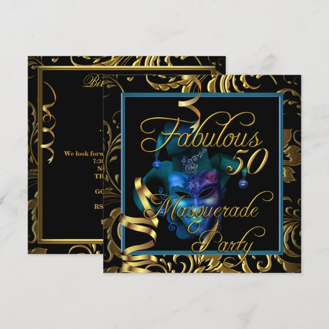 Invitation Masquerade Fabulous 50 Or Bleu Anniversaire (Devant / Derrière)
