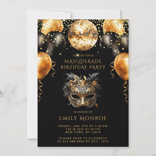 Invitation Masquerade fête d'anniversaire Black Gold Parties  (Devant)
