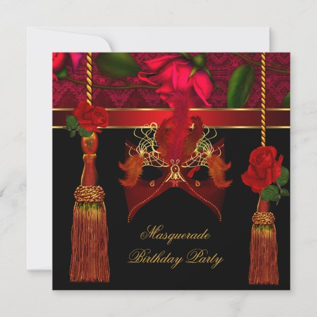 Invitation Masquerade fête d'anniversaire Black Red Rose Gold (Devant)