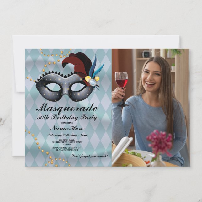Invitation Masquerade fête d'anniversaire Gold Blue Mask Phot (Devant)
