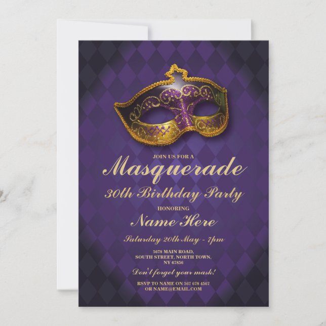 Invitation Masquerade fête d'anniversaire Gold Purple Masque  (Devant)