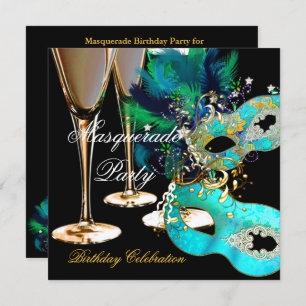 Invitation Masquerade fête d'anniversaire Turquoise Blue Gold