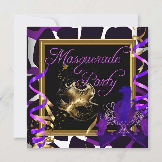 Invitation Masquerade fêtes Masques d'or sauvage violet (Devant)