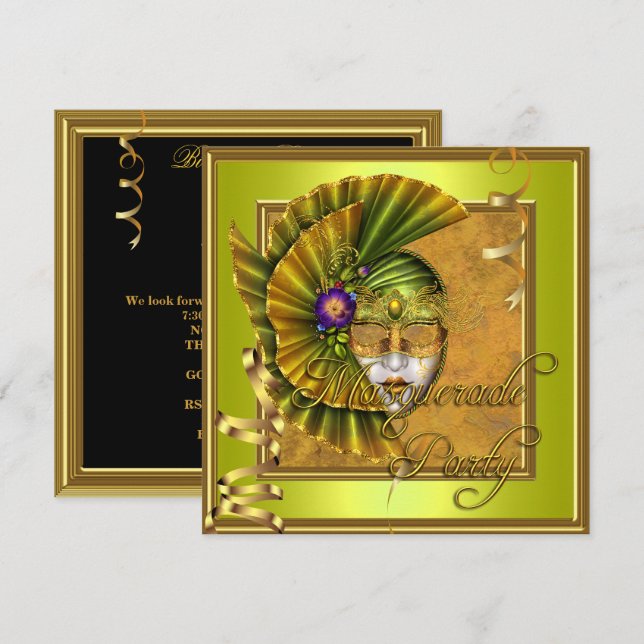 Invitation Masquerade fêtes Masques or noir Anniversaire (Devant / Derrière)