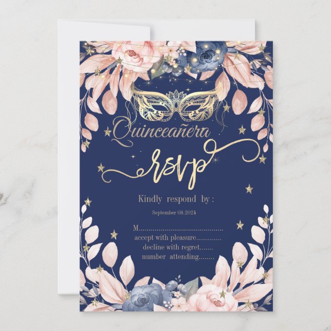 Invitation Masquerade,Fleurs Bleues,Etoiles Dorées RSVP (Devant)