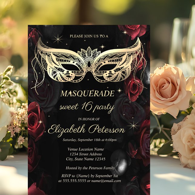 Invitation Masquerade Fleurs Rouges Sombres Gothique Douze Se (Créateur téléchargé)