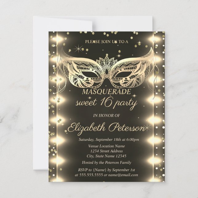 Invitation Masquerade Gold Diamonds Lights Sweet 16  (Devant)